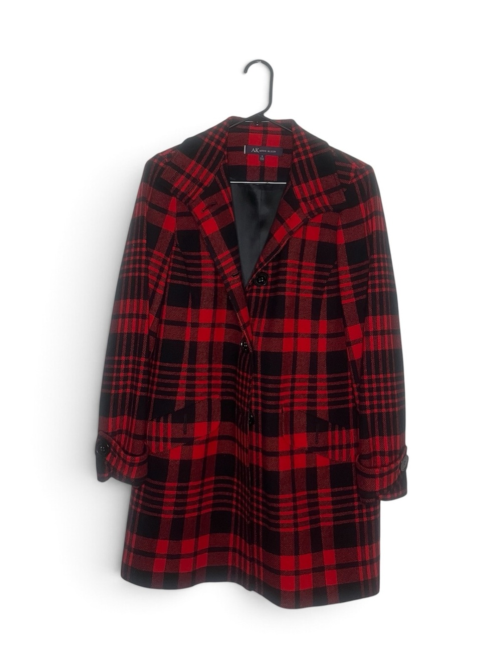 Anne Klein Red and Black Plaid Single-Breasted Wool Blend Pea Coat